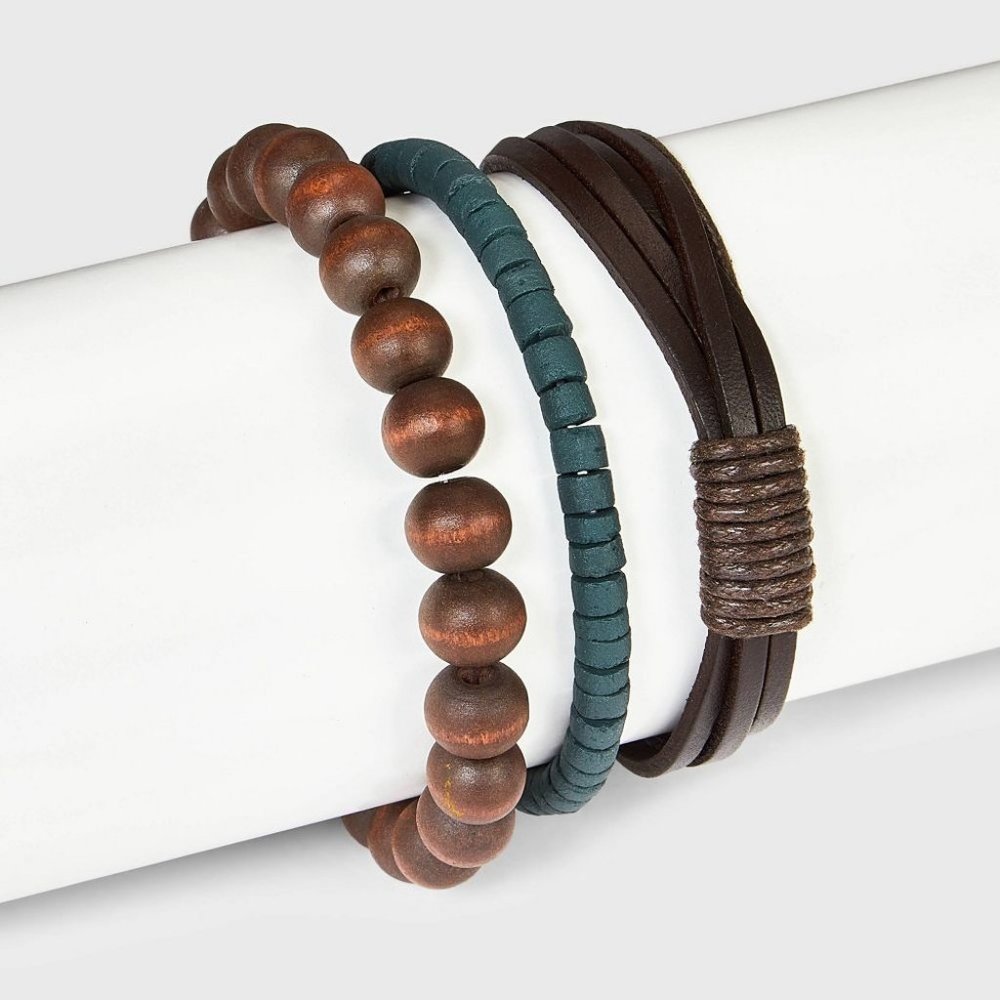 3 Piece Brown Beaded Bracelet Set Goodfellow & Co Men's Womens Blue Elastic